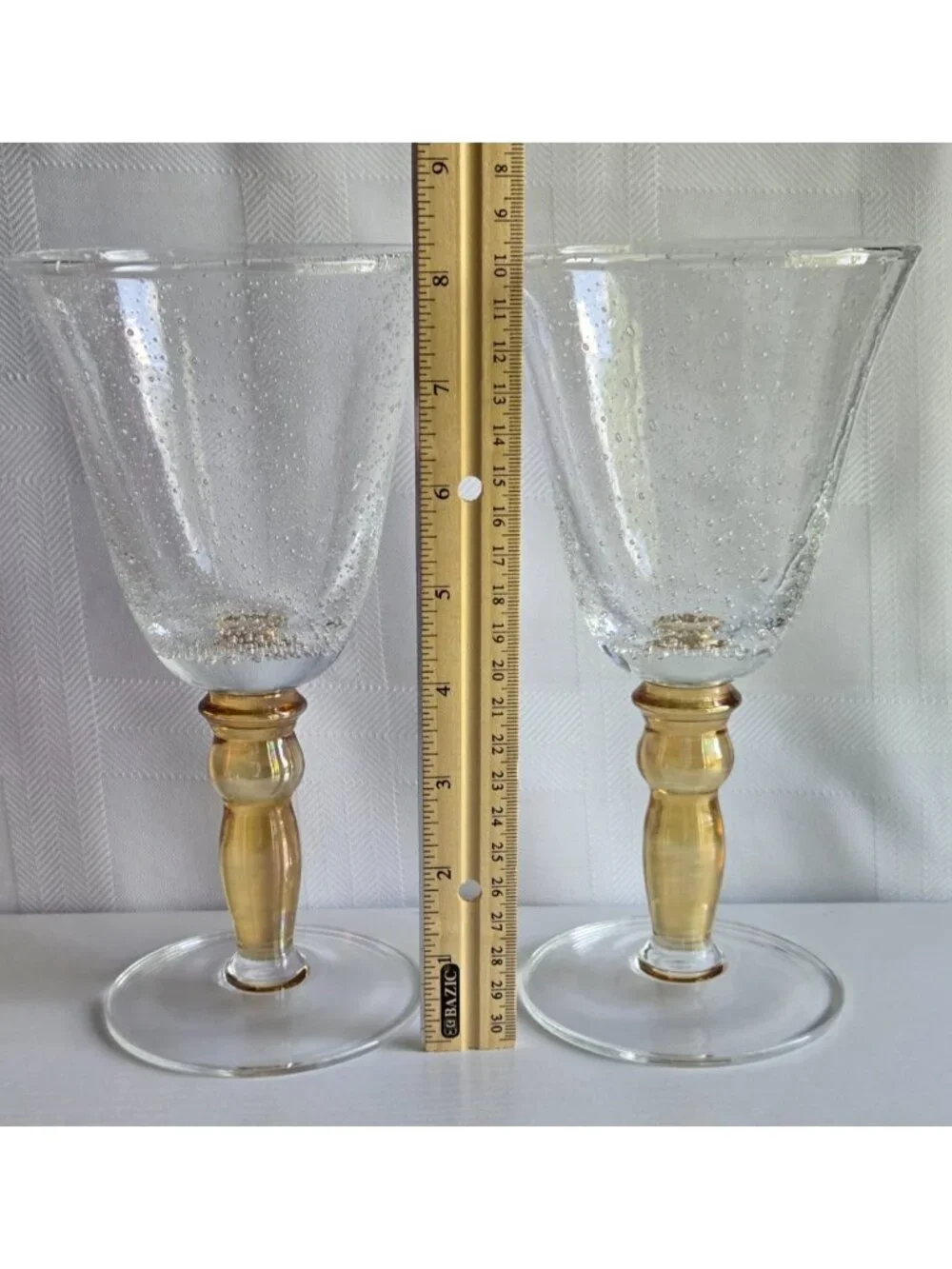 Pottery Barn Bubble Hand Blown Heavy Wine/Water Glasses Amber Stem Set of 2